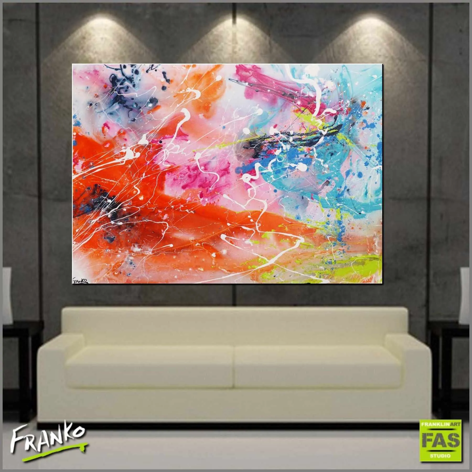 White Veins 140cm x 100cm Orange Pink Blue Abstract Painting (SOLD)