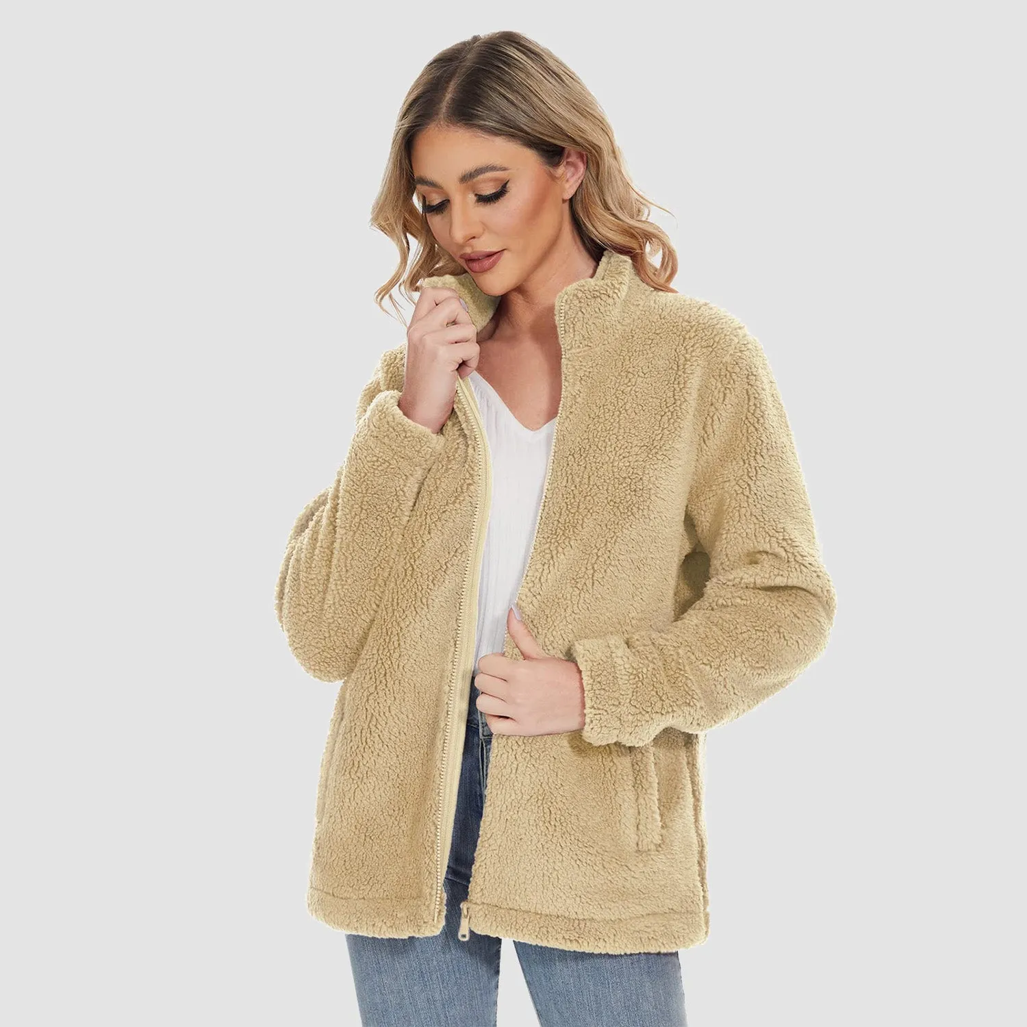 Women's Sherpa Jacket - Full Zip, Zip Pockets & Warm