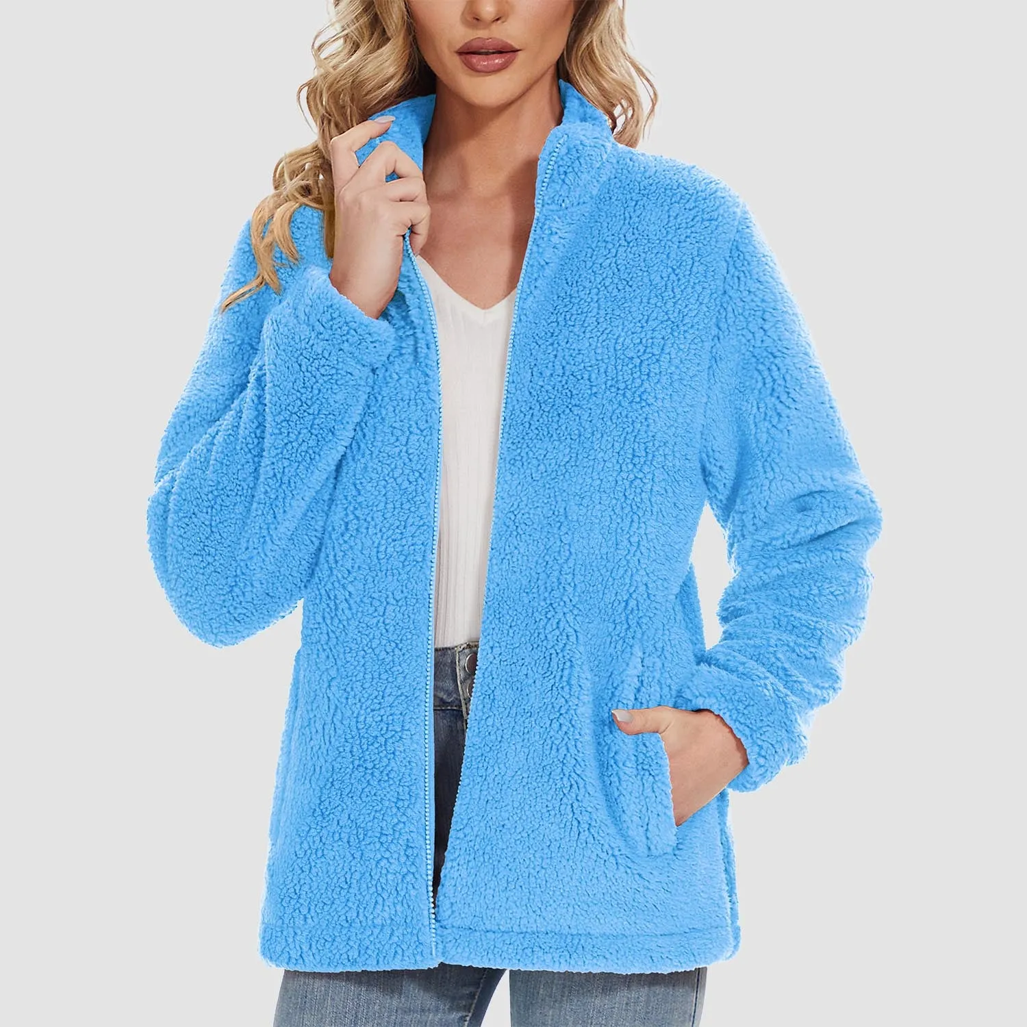 Women's Sherpa Jacket - Full Zip, Zip Pockets & Warm