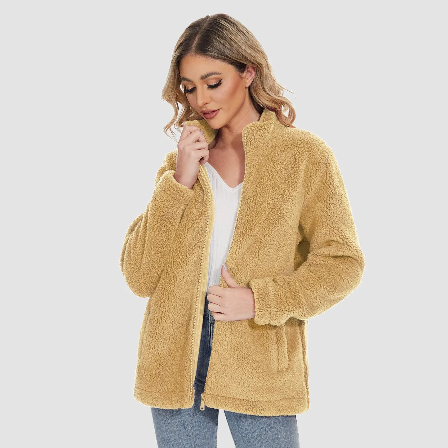 Women's Sherpa Jacket - Full Zip, Zip Pockets & Warm