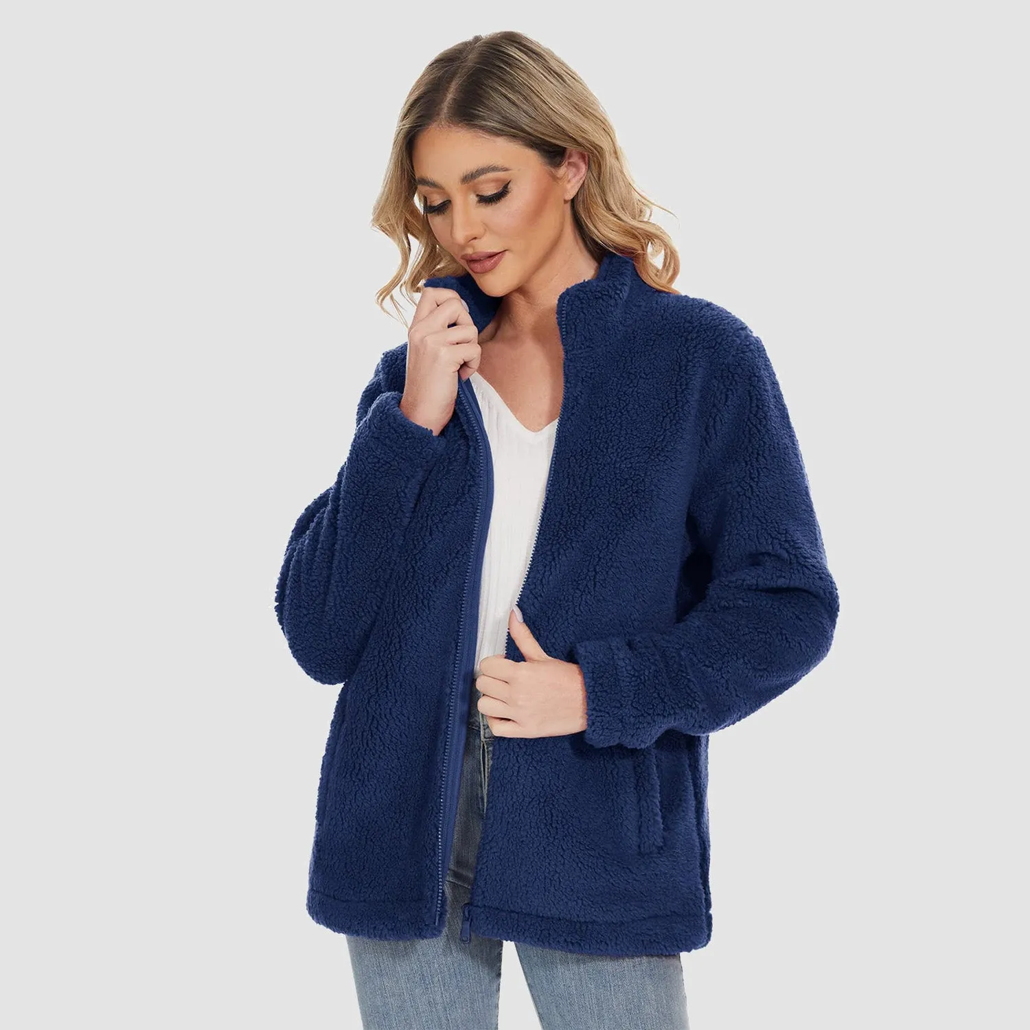 Women's Sherpa Jacket - Full Zip, Zip Pockets & Warm