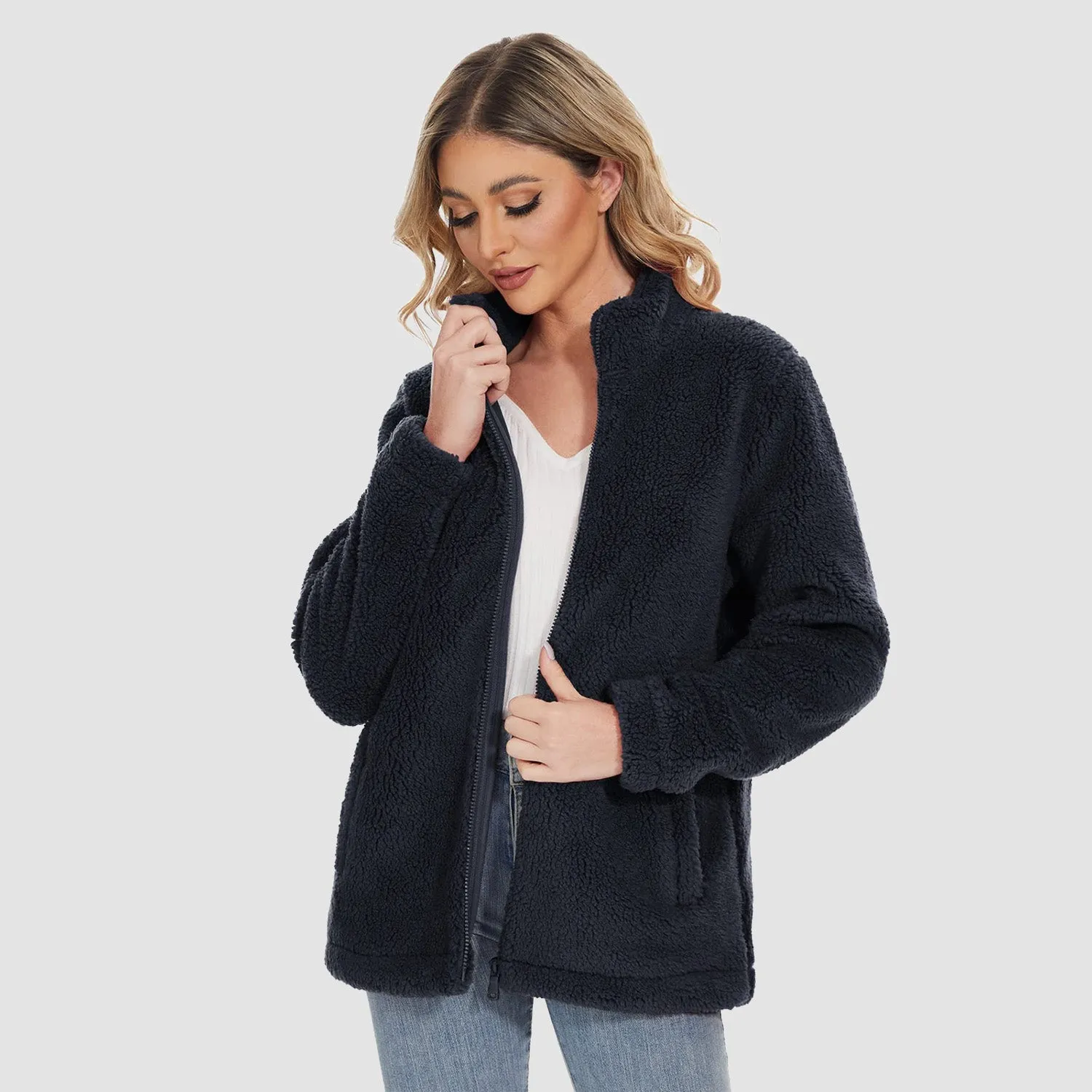 Women's Sherpa Jacket - Full Zip, Zip Pockets & Warm