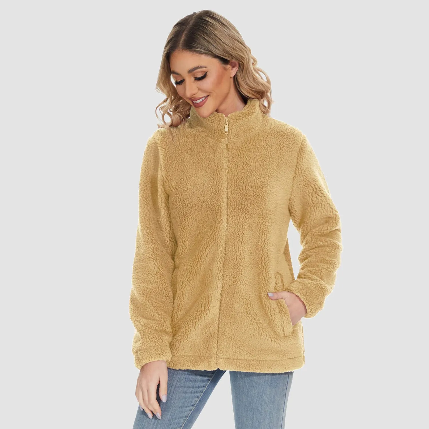 Women's Sherpa Jacket - Full Zip, Zip Pockets & Warm