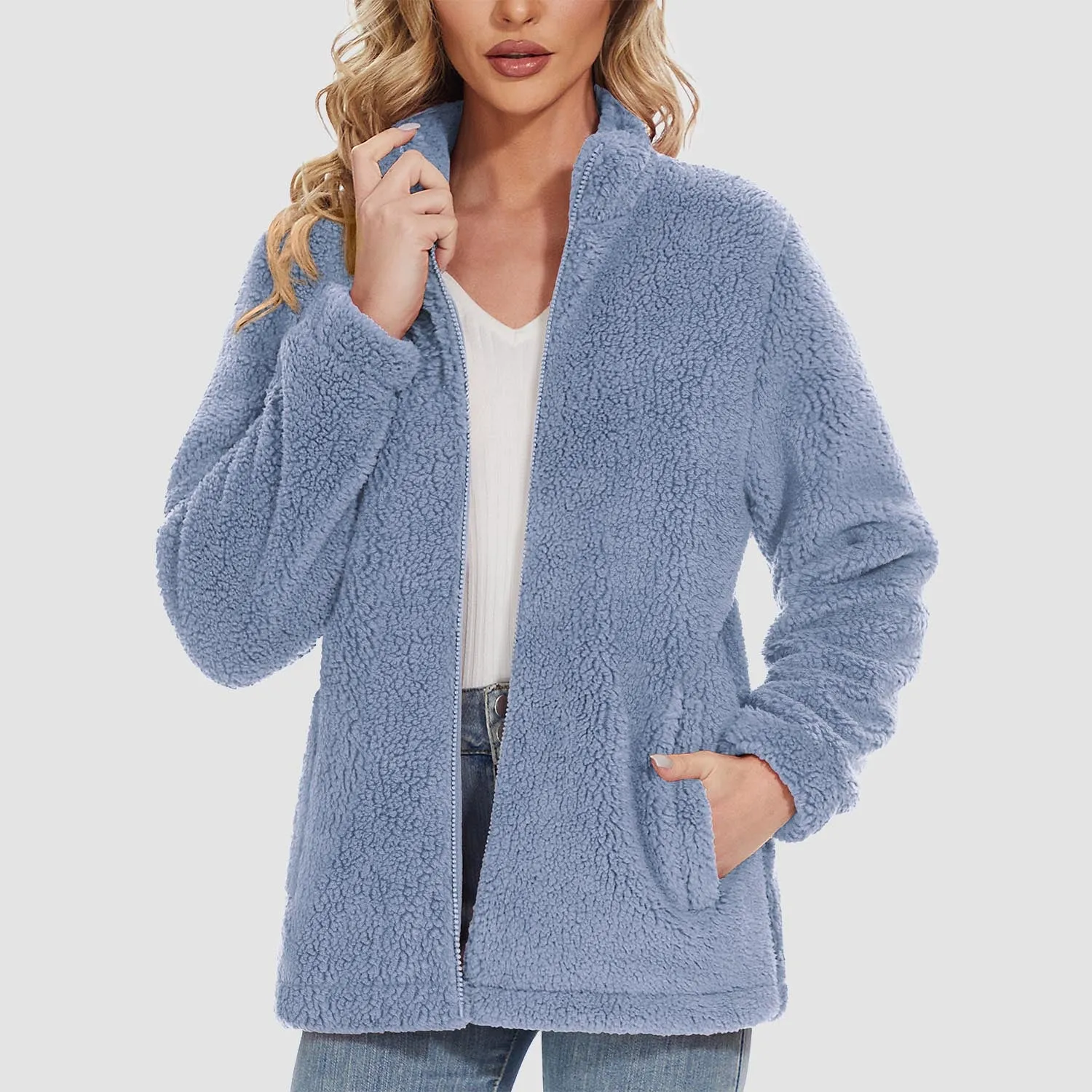 Women's Sherpa Jacket - Full Zip, Zip Pockets & Warm