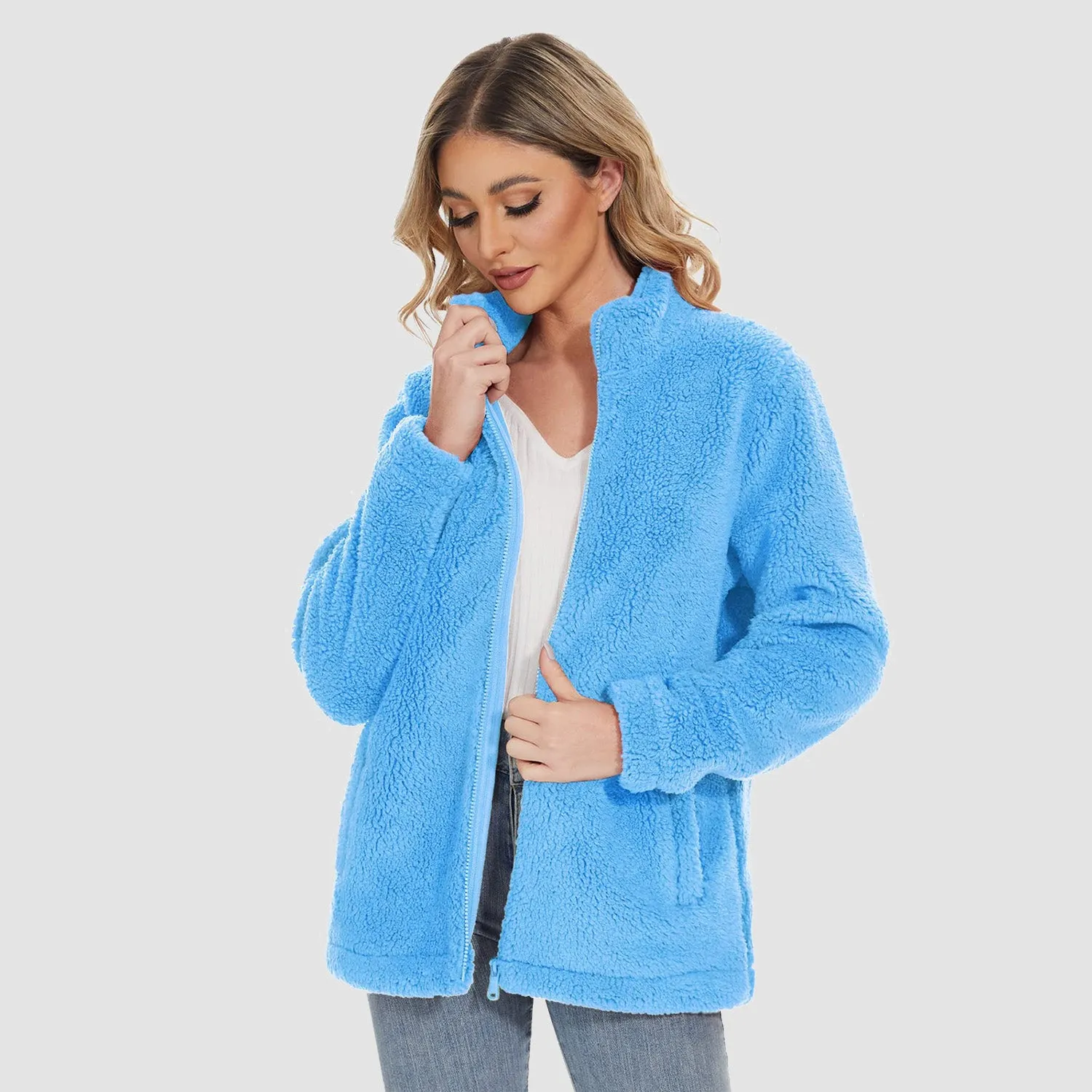 Women's Sherpa Jacket - Full Zip, Zip Pockets & Warm