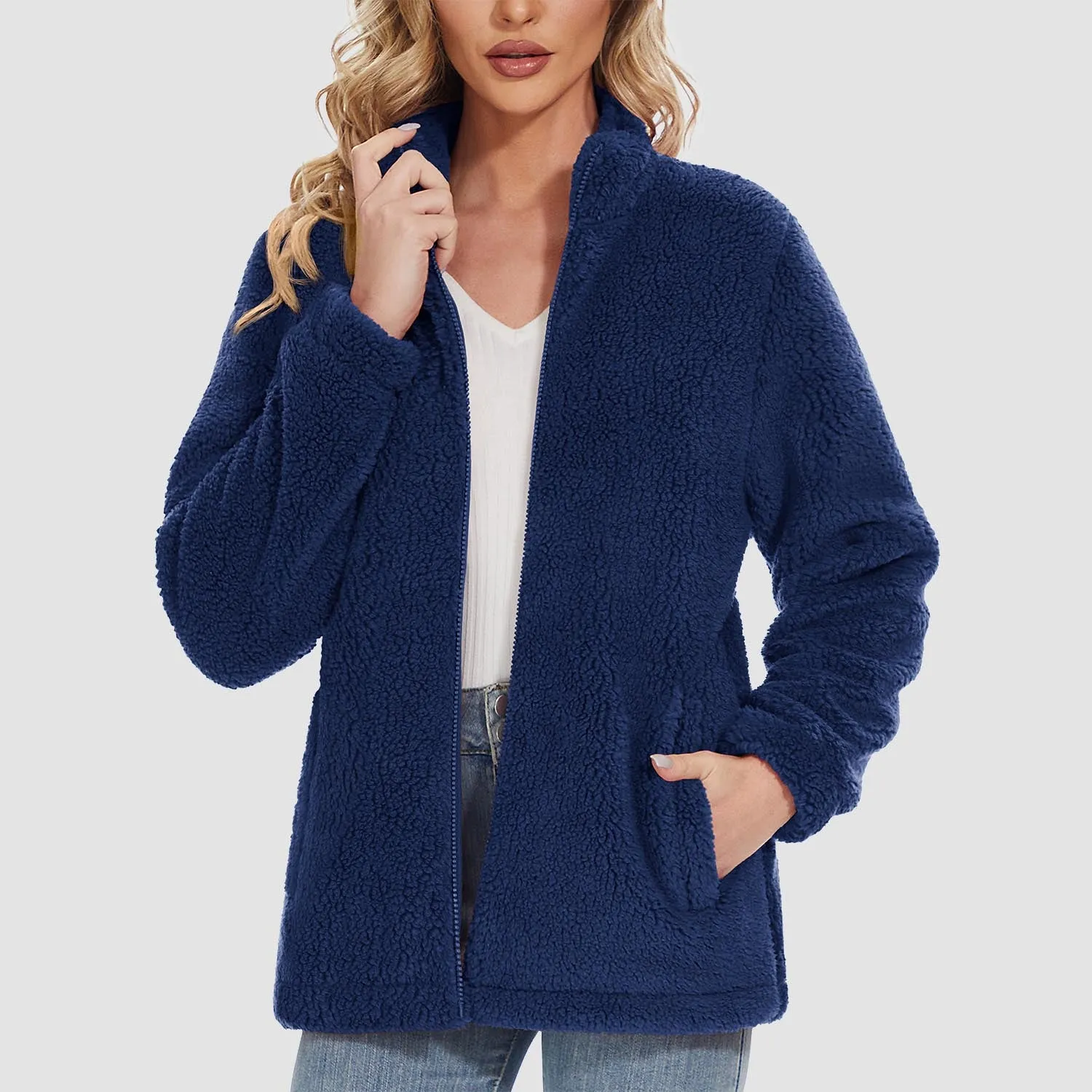 Women's Sherpa Jacket - Full Zip, Zip Pockets & Warm