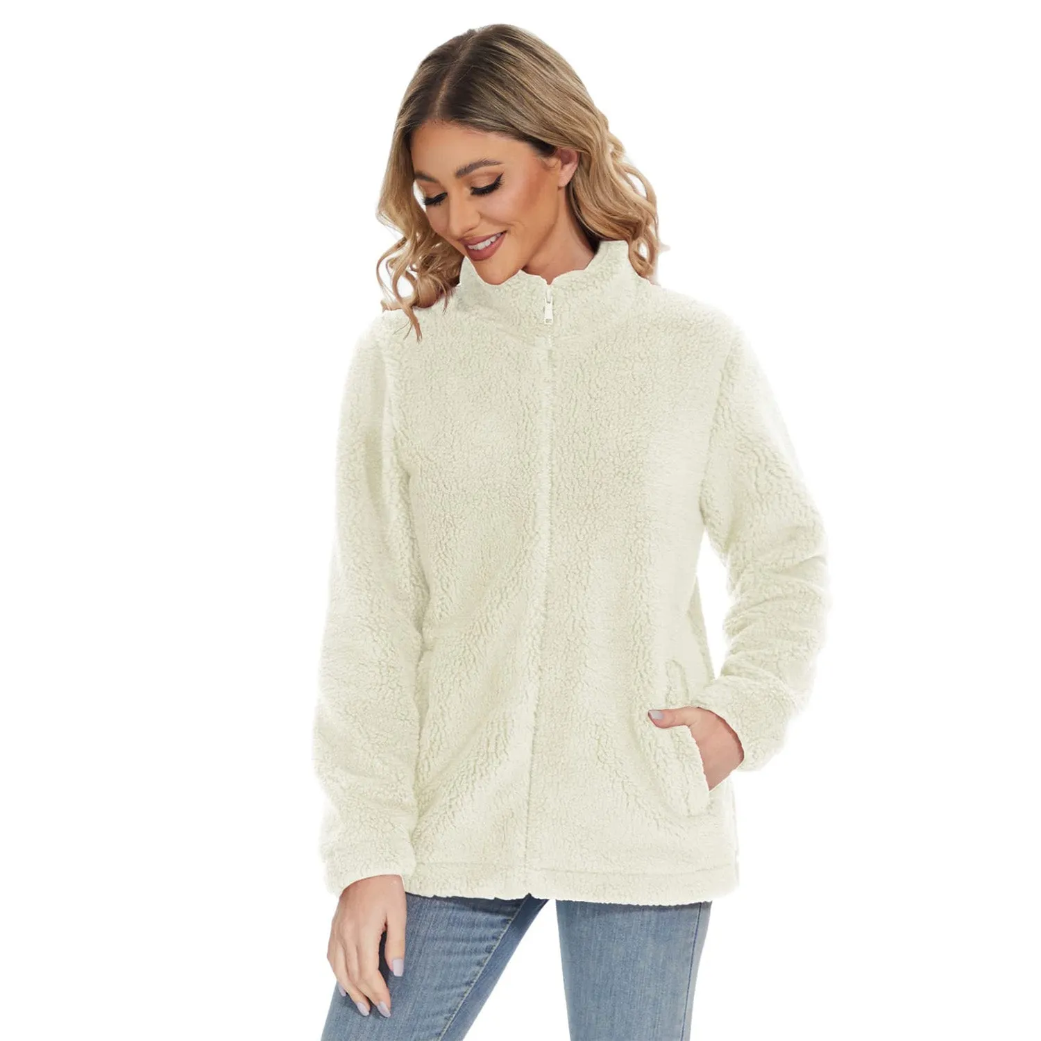 Women's Sherpa Jacket - Full Zip, Zip Pockets & Warm