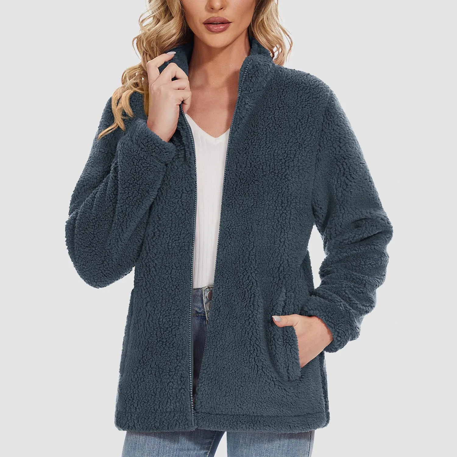 Women's Sherpa Jacket - Full Zip, Zip Pockets & Warm