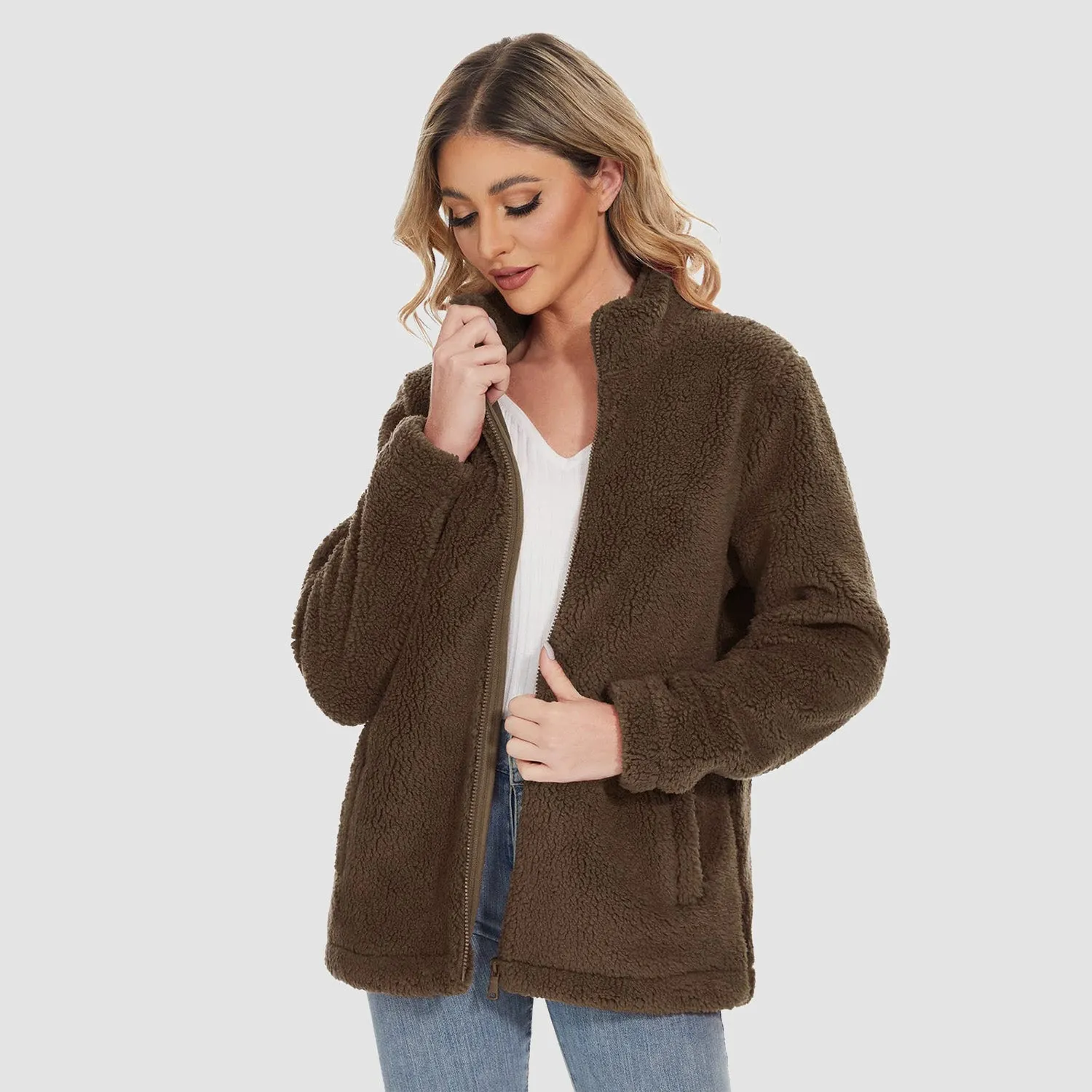 Women's Sherpa Jacket - Full Zip, Zip Pockets & Warm