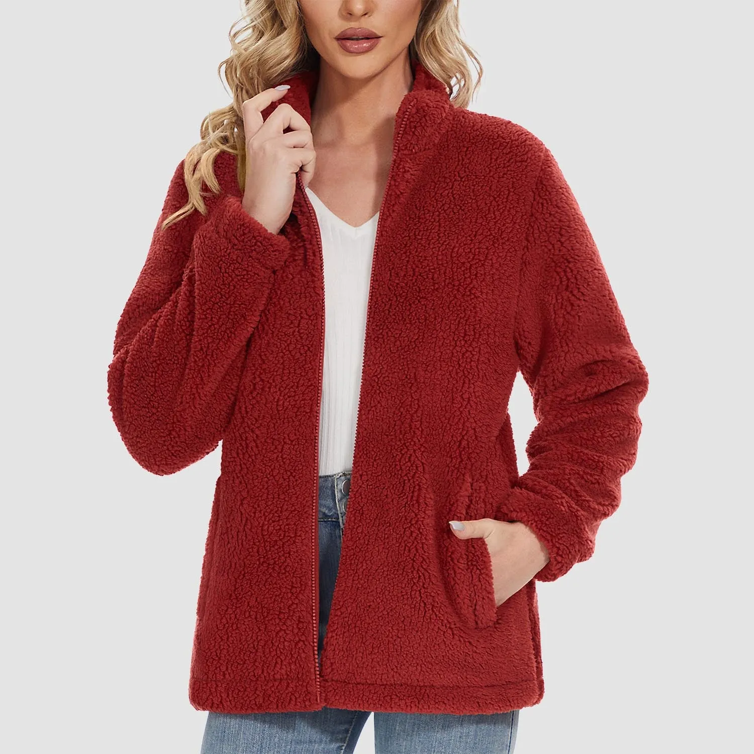 Women's Sherpa Jacket - Full Zip, Zip Pockets & Warm