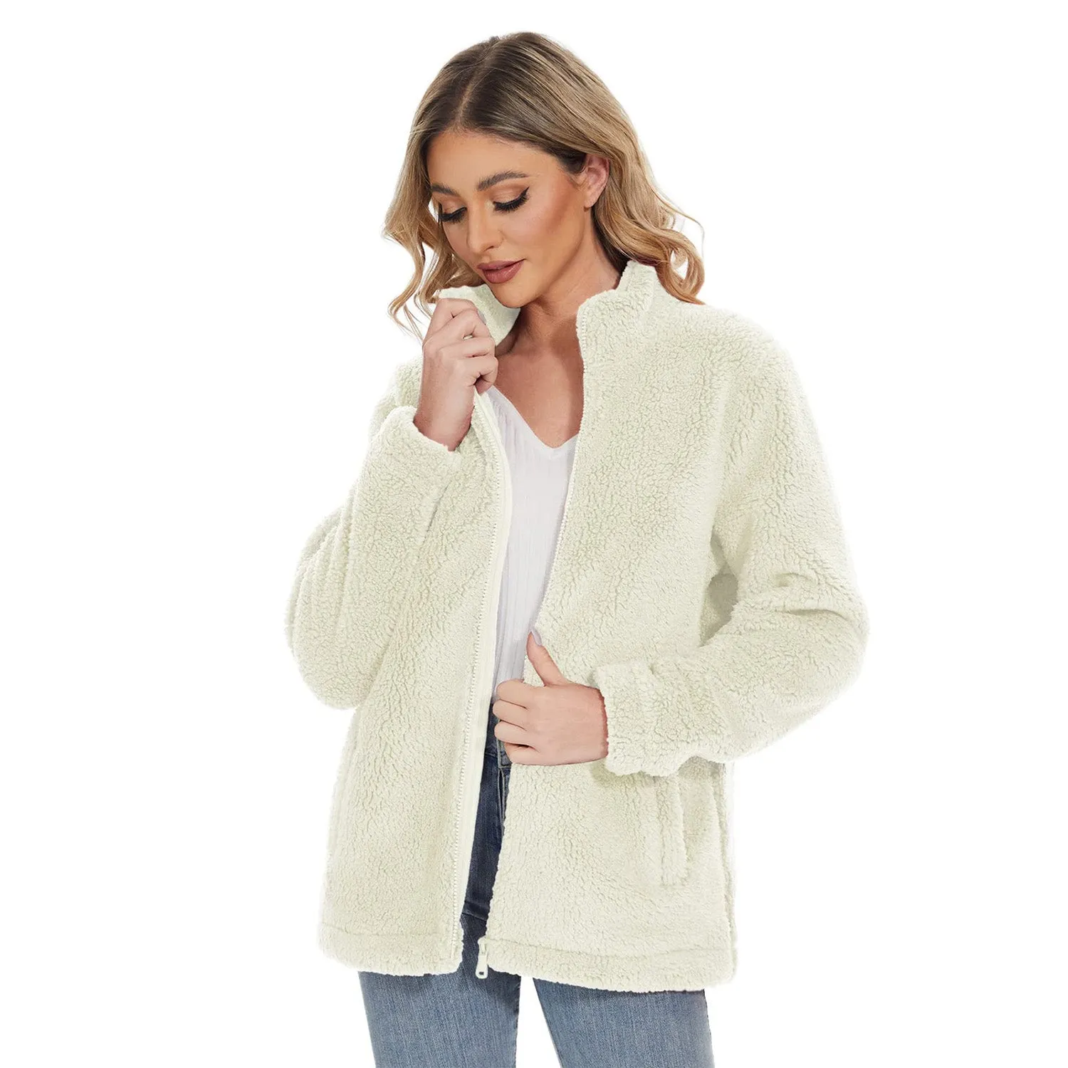 Women's Sherpa Jacket - Full Zip, Zip Pockets & Warm