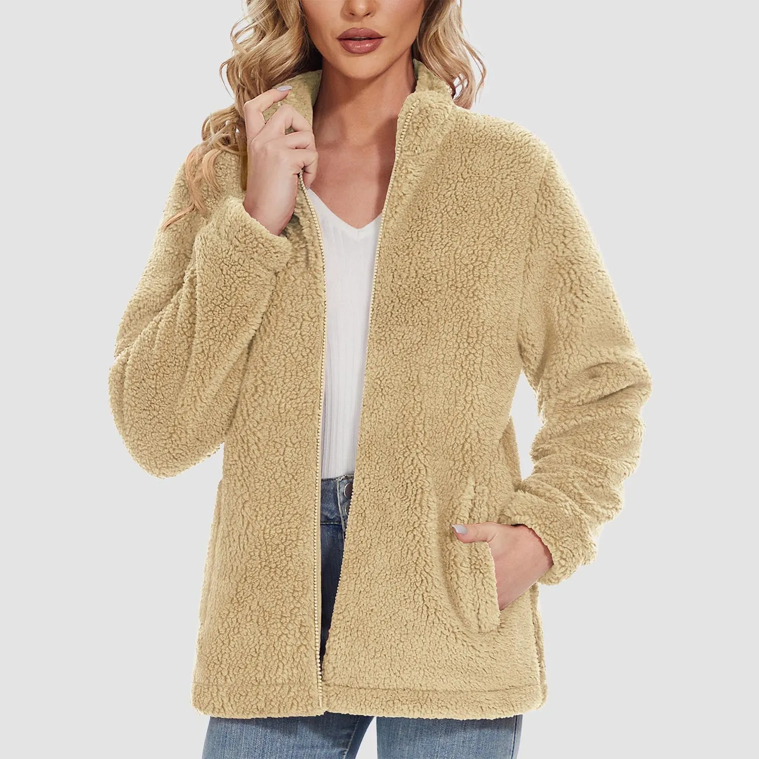 Women's Sherpa Jacket - Full Zip, Zip Pockets & Warm