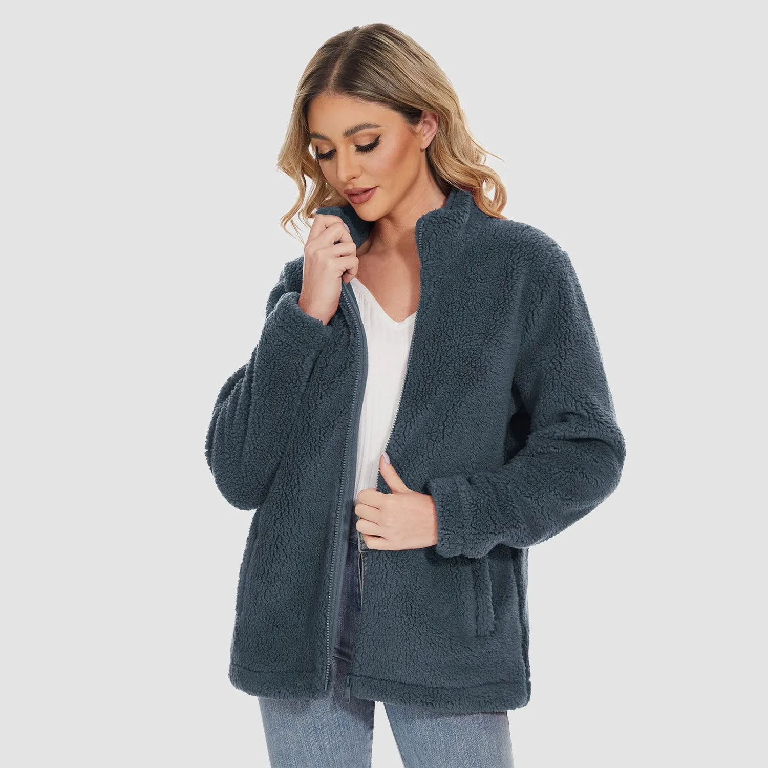 Women's Sherpa Jacket - Full Zip, Zip Pockets & Warm