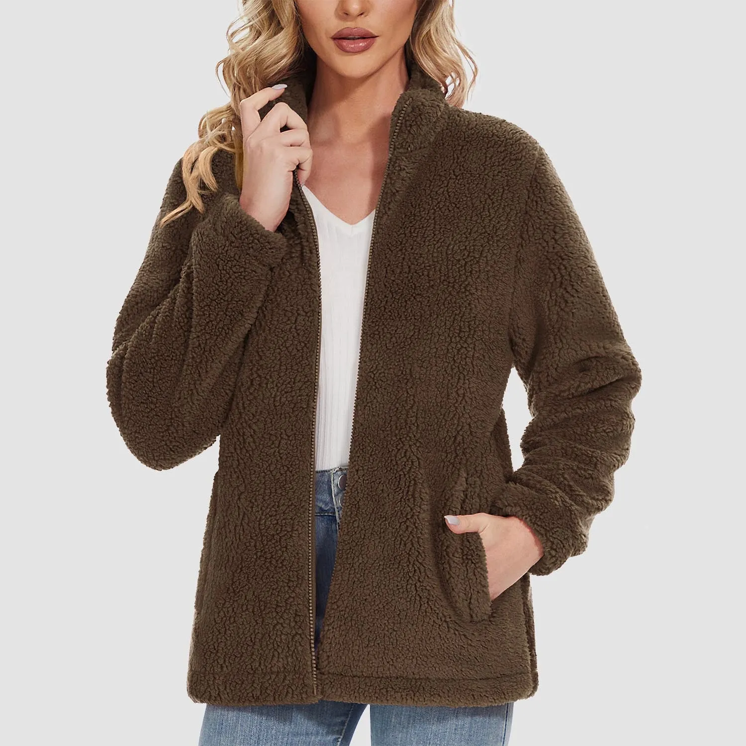 Women's Sherpa Jacket - Full Zip, Zip Pockets & Warm