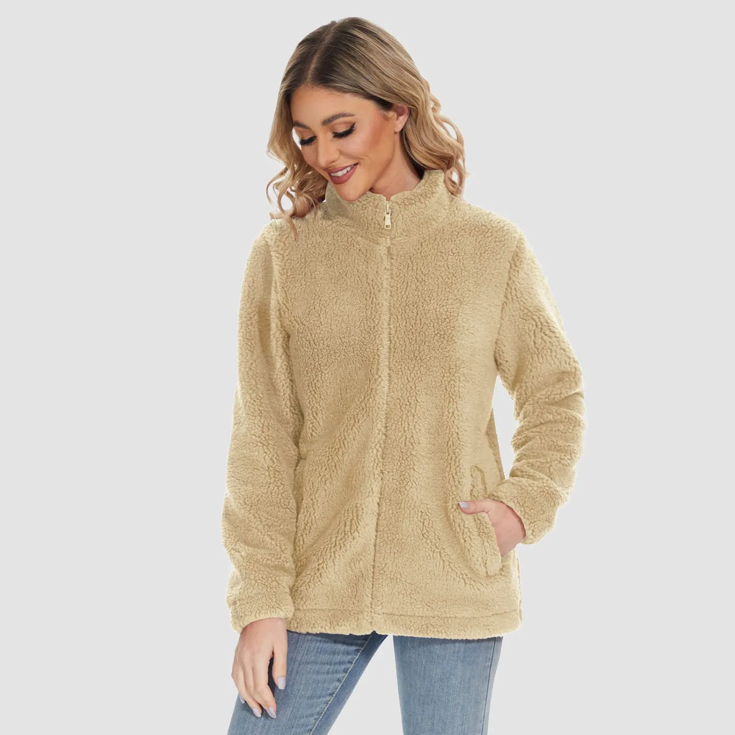 Women's Sherpa Jacket - Full Zip, Zip Pockets & Warm