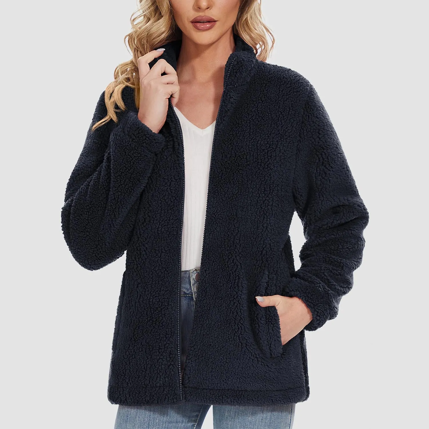 Women's Sherpa Jacket - Full Zip, Zip Pockets & Warm