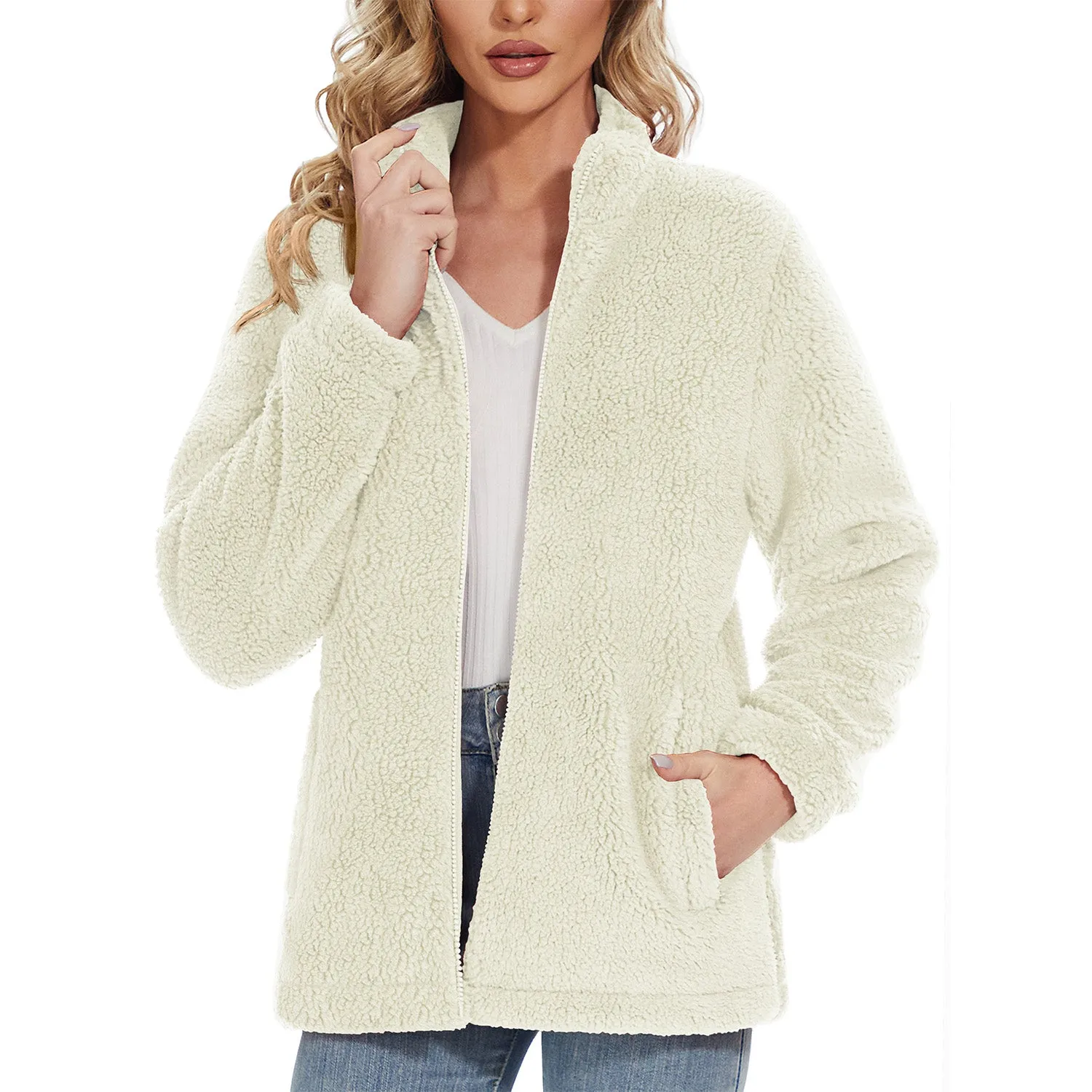 Women's Sherpa Jacket - Full Zip, Zip Pockets & Warm